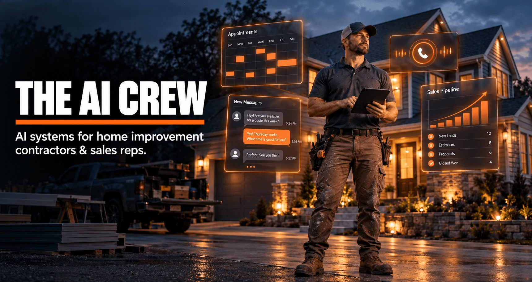 A contractor holding a tablet in front of a house at dusk, surrounded by glowing panels for appointments, new messages, an AI phone call, and a sales pipeline.